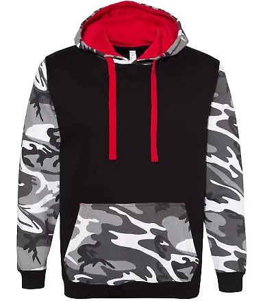 Code V 3967 Fashion Camo Hooded Sweatshirt Black/ Urban Woodland/ Red front view