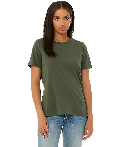 Bella + Canvas 6400 Womens Relaxed Short Cotton Je in Military green front view