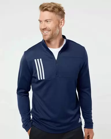 Adidas Golf Clothing A482 3-Stripes Double Knit Qu Team Navy Blue/ Grey Two front view