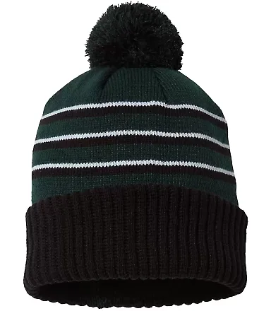 Richardson Hats 134 Stripe Pom Cuffed Beanie Dark Green/ Black/ White front view