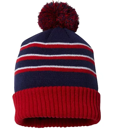 Richardson Hats 134 Stripe Pom Cuffed Beanie Navy/ Red/ White front view