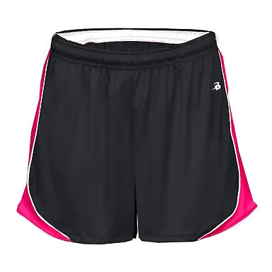Badger Sportswear 4118 Women's B-Core Pacer Shorts Black/ White/ Hot Pink front view