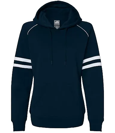 J America 8645 Women's Varsity Fleece Piped Hooded Navy front view