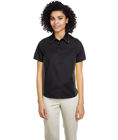 Harriton M586W Ladies' Flash IL Colorblock Short S BLACK/ DK CHARCL front view
