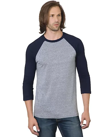 Bayside Apparel 9525 Triblend Three-Quarter Sleeve Athletic Grey/ Navy front view