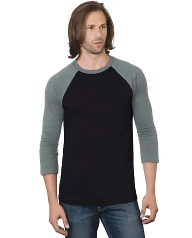 Bayside Apparel 9525 Triblend Three-Quarter Sleeve Black/ Athletic Grey front view