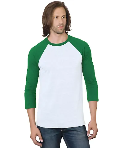 Bayside Apparel 9525 Triblend Three-Quarter Sleeve White/ Kelly front view