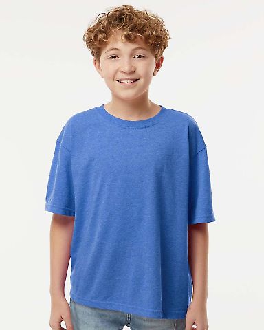 M&O Knits 4850 Youth Gold Soft Touch T-Shirt in Heather royal front view