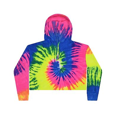 Tie-Dye CD8333 Ladies' Cropped Hooded Sweatshirt in Neon rainbow front view