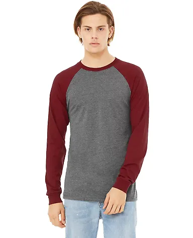 Bella + Canvas 3000 Men's Jersey Long-Sleeve Baseb in Dp hthr/ cardnal front view