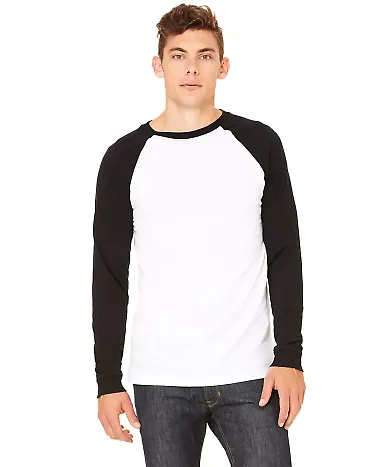 Bella + Canvas 3000 Men's Jersey Long-Sleeve Baseb in White/ black front view