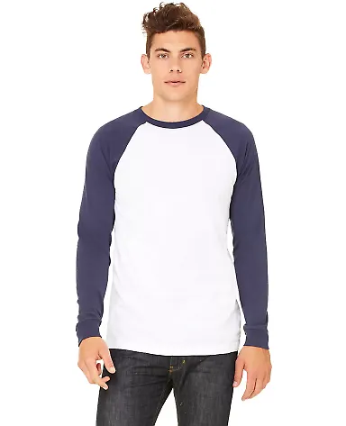 Bella + Canvas 3000 Men's Jersey Long-Sleeve Baseb in White/ navy front view