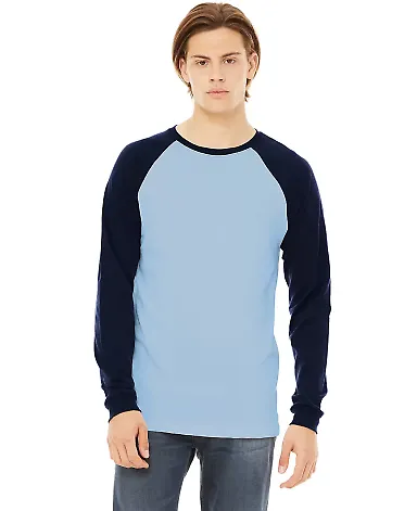 Bella + Canvas 3000 Men's Jersey Long-Sleeve Baseb in Baby blue/ navy front view