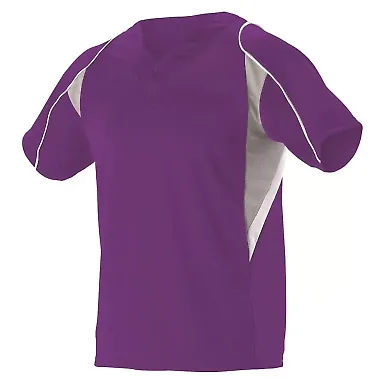 Alleson Athletic 529Y Youth Two Button Henley Base in Purple/ grey/ white front view