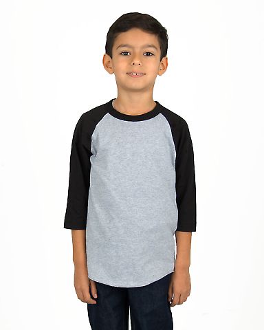 Shaka Wear SHRAGY Youth 6 oz., 3/4-Sleeve Raglan in Heather gry/ blk front view