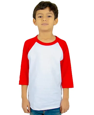 Shaka Wear SHRAGY Youth 6 oz., 3/4-Sleeve Raglan in White/ red front view