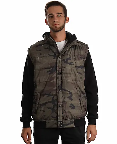 Burnside Clothing 8701 Nylon Vest with Fleece Slee Green Camo/ Black front view