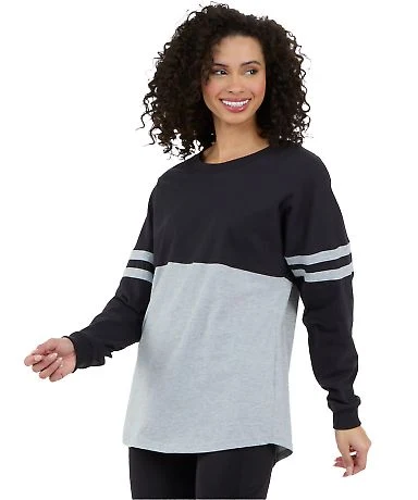 Boxercraft BW3514 Women's Pom Pom Long Sleeve Jers in Black/ oxford front view