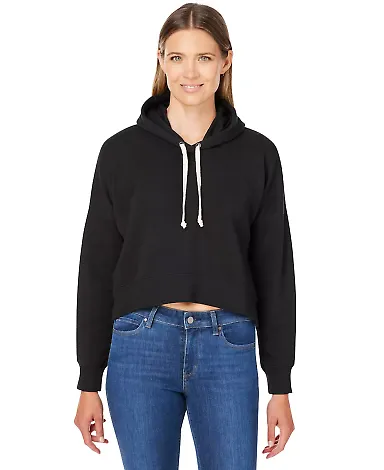 J America 8853 Women's Crop Hooded Sweatshirt in Black solid front view