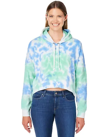 J America 8853 Women's Crop Hooded Sweatshirt in Lagoon tie dye front view