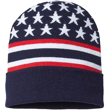 Cap America RK12 USA-Made Patriotic Cuffed Beanie in Navy flag front view