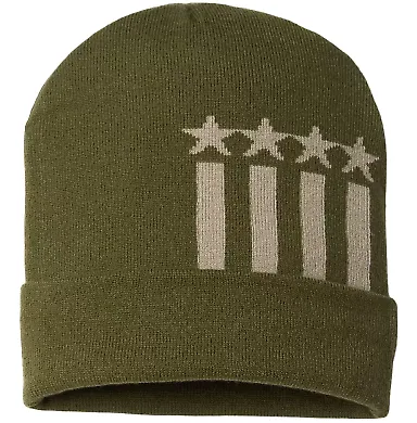 Cap America RK12 USA-Made Patriotic Cuffed Beanie in Olive/ khaki stars front view