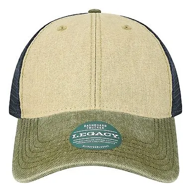 Legacy DTA Dashboard Trucker Cap in Stone/ olive/ navy front view