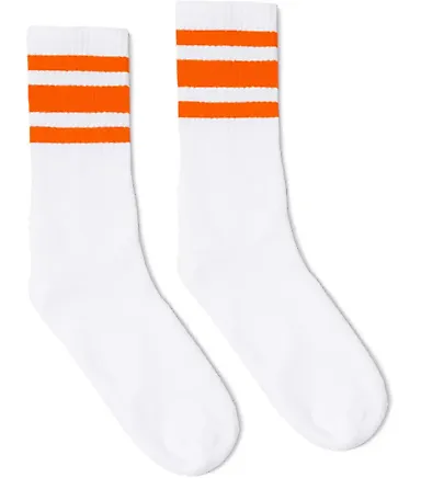 Socco Socks SC100 USA-Made Striped Crew Socks in White/ neon orange front view