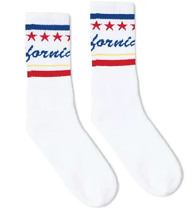 Socco Socks SC100 USA-Made Striped Crew Socks in White/ cali word front view