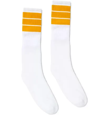 Socco Socks SC100 USA-Made Striped Crew Socks in White/ gold thick stripe front view
