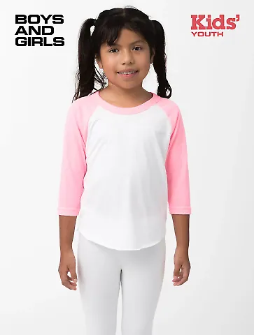 Los Angeles Apparel FF2053 Youth 3/4 Slv Ply Ctn R in White/neon heather pink front view