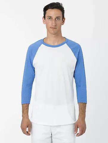 Los Angeles Apparel FF53 3/4 Slv Ctn Poly Raglan 3 in White/heather lake blue front view