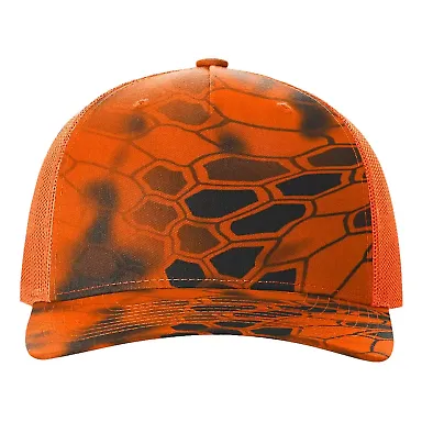 Richardson Hats 112PFP Printed Five-Panel Trucker  in Kryptek inferno/ blaze orange front view