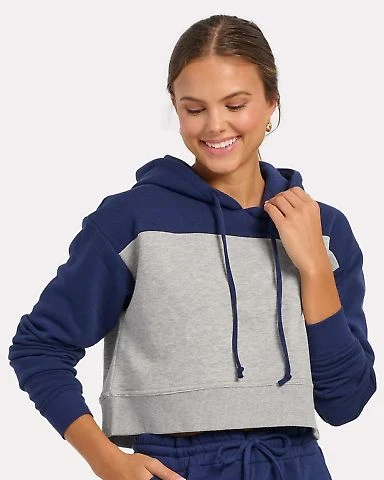 Boxercraft BW5404 Women's Cropped Fleece Hooded Sw in Navy/ oxford heather front view