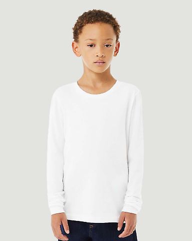 Bella + Canvas 3501YCVC Youth Heather CVC Long-Sle in Solid wht blend front view