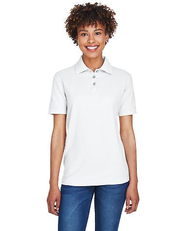 8541 UltraClub® Ladies' Whisper Pique Blend Polo in White front view