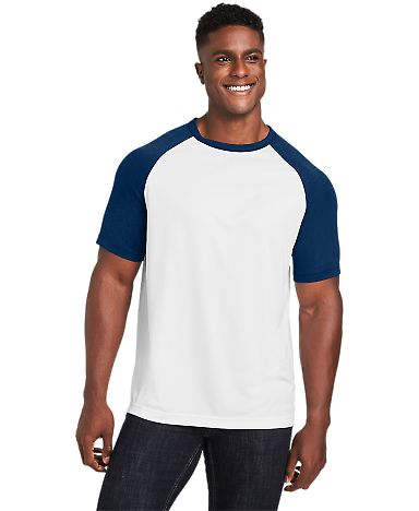 Team 365 TT62 Unisex Zone Colorblock Raglan T-Shir in Wht/ sp dk nv ht front view
