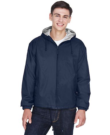 8915 UltraClub® Adult Nylon Fleece-Lined Hooded J in Navy front view