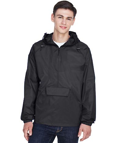 8925 UltraClub® Adult 1/4-Zip Hooded Nylon Pullov in Black front view