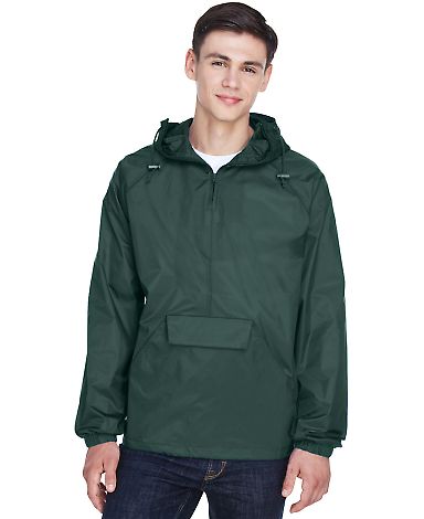8925 UltraClub® Adult 1/4-Zip Hooded Nylon Pullov in Forest green front view