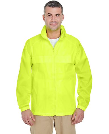 8929 UltraClub® Adult Hooded Nylon Zip-Front Pack in Bright yellow front view