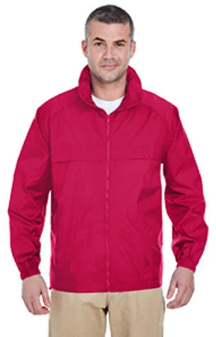 8929 UltraClub® Adult Hooded Nylon Zip-Front Pack in Red front view