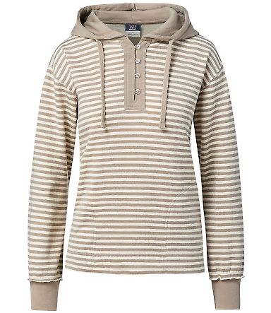 MV Sport W24128 Women's Alina Henley Hooded Sweats in Atmosphere/ ecru stripe front view