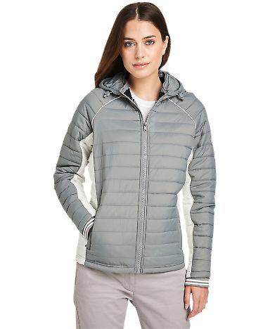 Nautica N17187 Women's l Mile Hooded Puffer Jacket in Graphite/ antique white front view