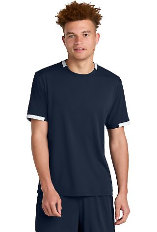 Sport Tek ST440 Sport-Tek Club Short Sleeve Crew in Trnv/white front view