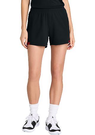 Sport Tek LST442 Sport-Tek Women's Club 5 Short in Blk/dpred front view