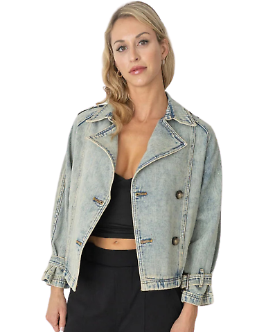 Stilo Apparel FS29335 Cropped Denim Trench Blue in Bleach front view
