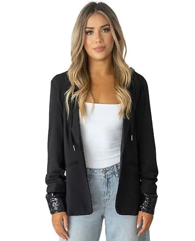 Stilo Apparel FS30118 KNIT CREPE SEQUIN HOODIE BLA in Black front view