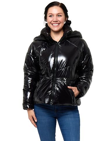 Stilo Apparel FS27825 Shiny Puffer Hoodie Jacket in Black front view