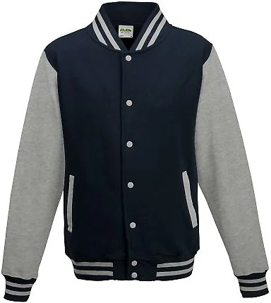 AWDis JHY043 Youth Heavyweight Letterman Jacket in Oxford navy/ heather grey front view